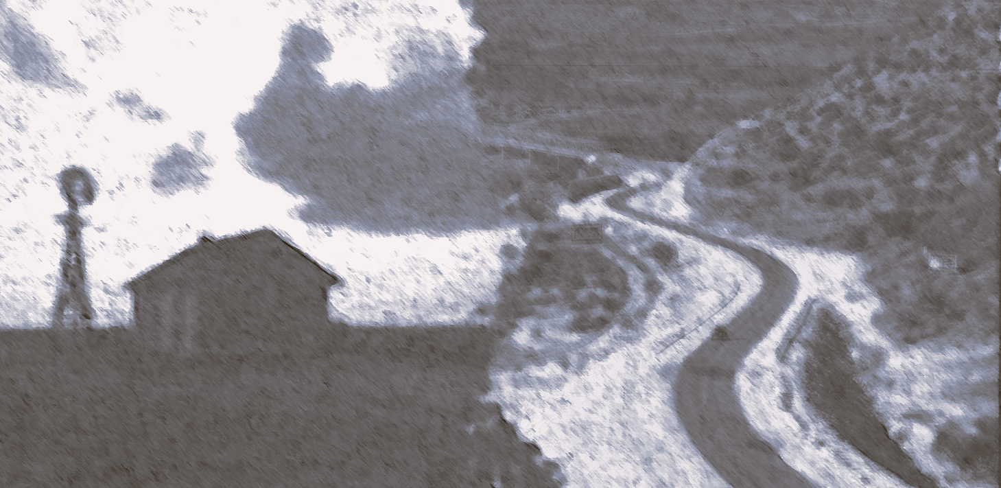 A gray-toned illustration of a rural road curving past a small house under a heavy winter sky.